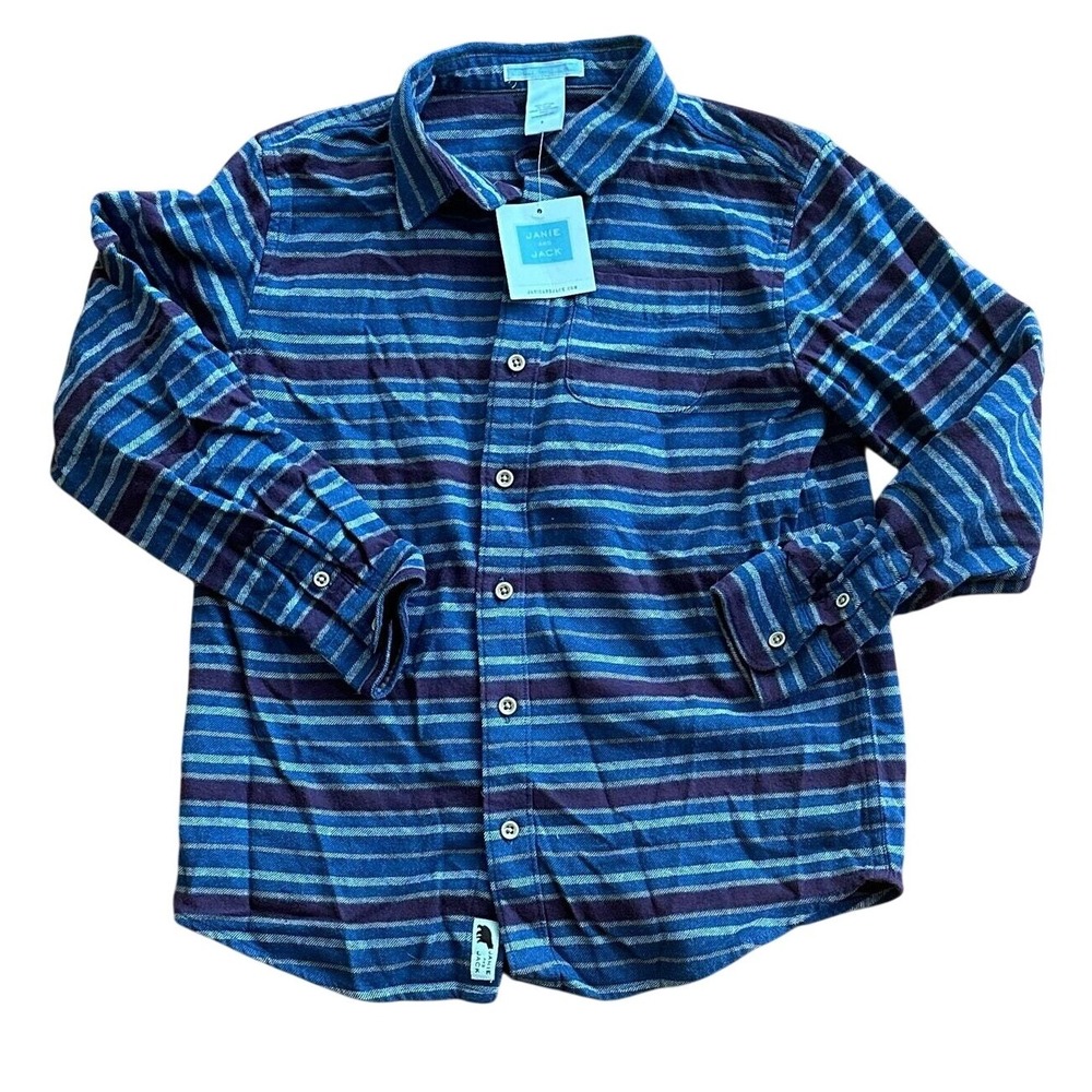 Janie and Jack flannel blue striped button up shirt Boys‎ Size 8 NWT
